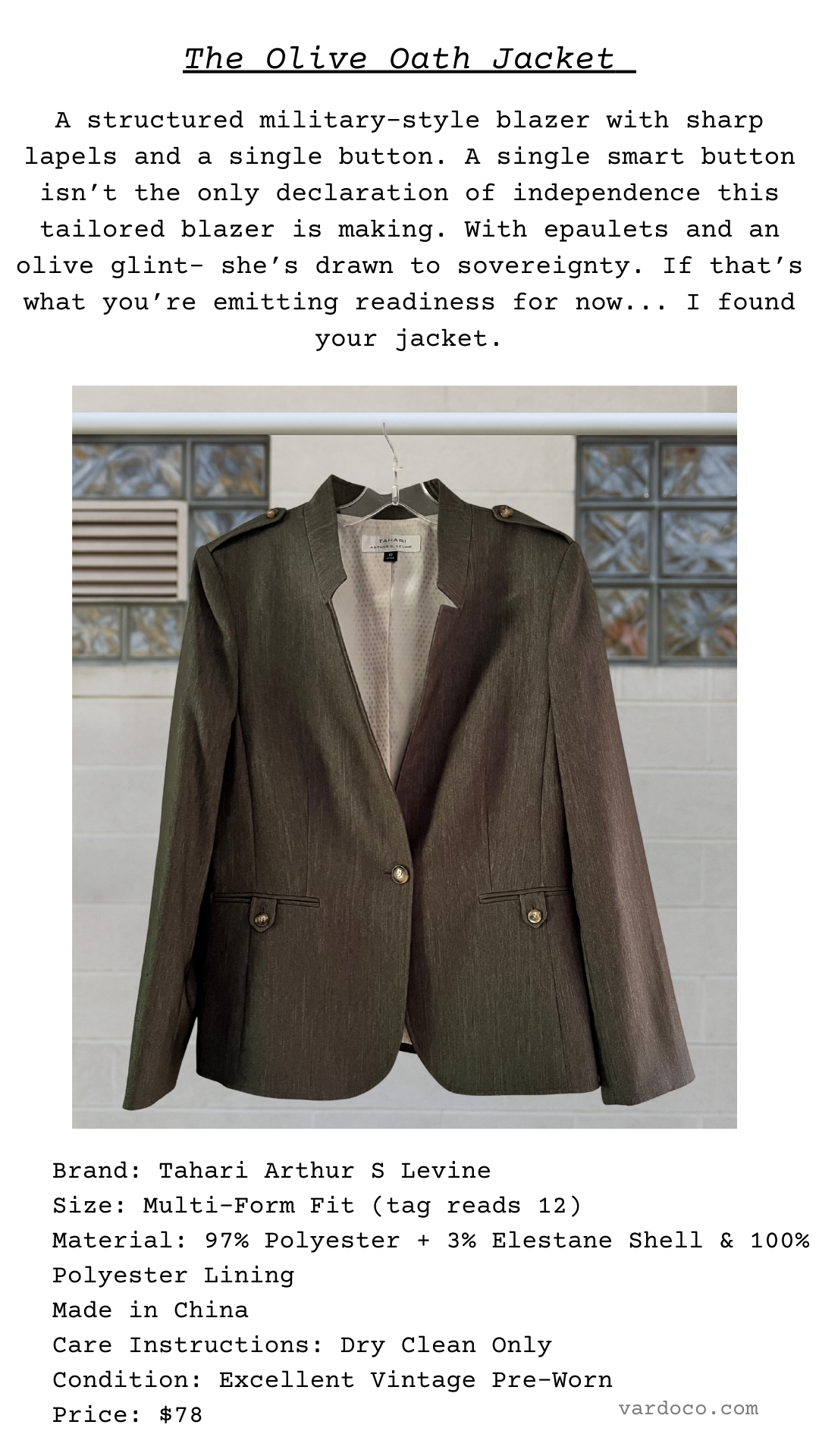Catalog card for The olive Oath Jacket listing descriptives and details