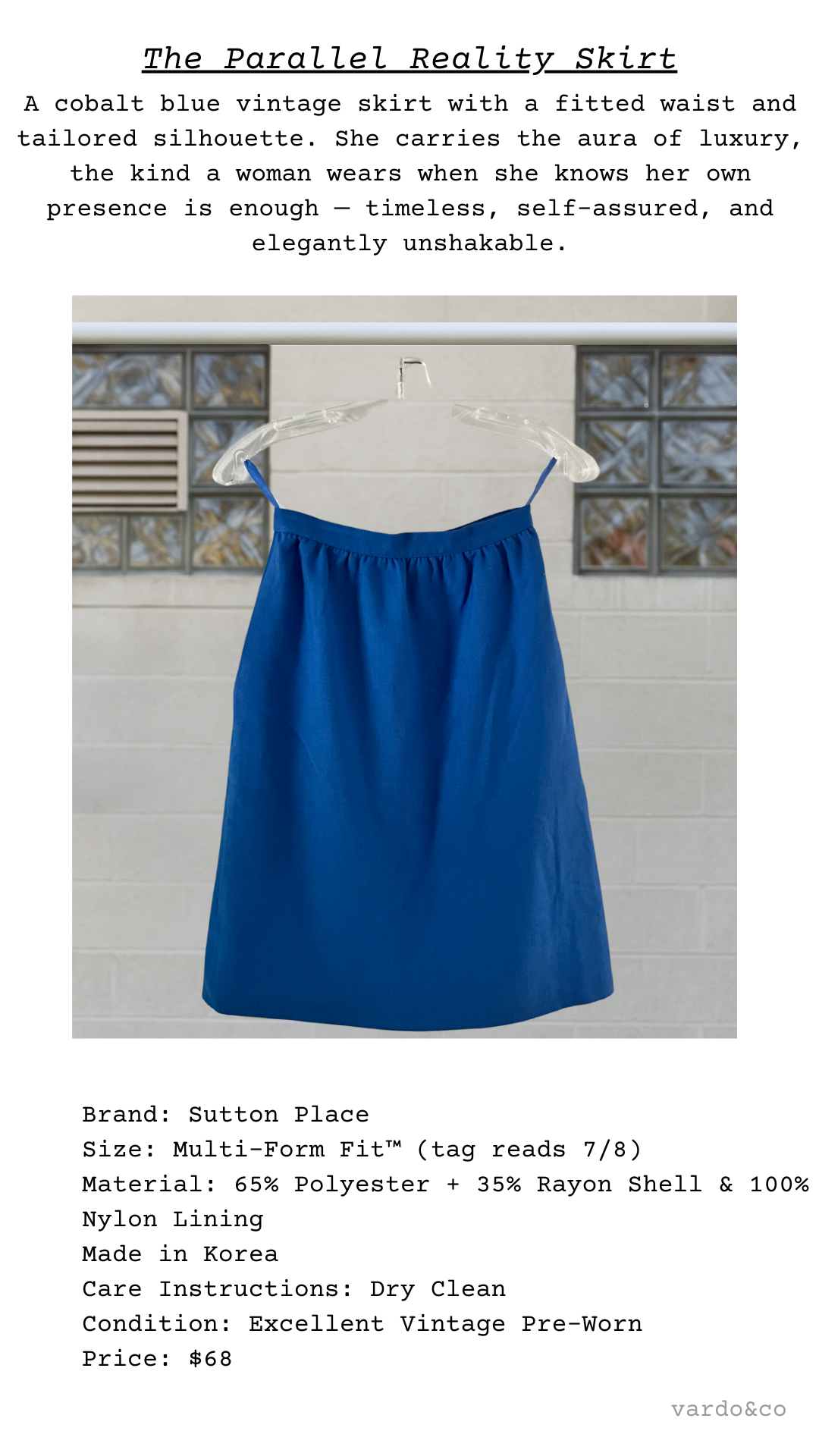 Blue vintage skirt on a hanger with product details text overlay