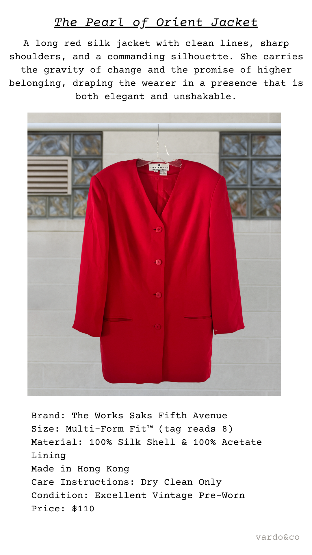 Red silk jacket displayed against a neutral background with product details.