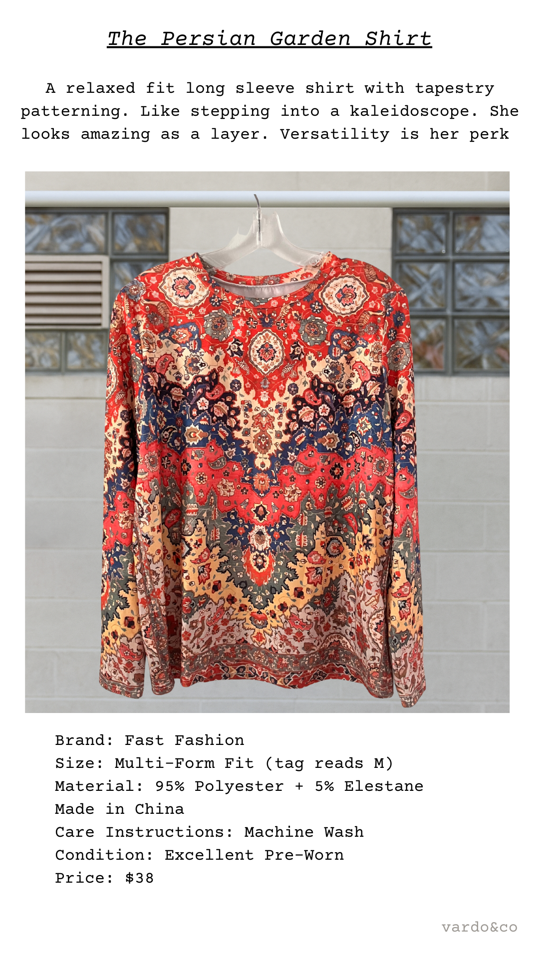 The Persian Garden Shirt, a relaxed fit long sleeve top with intricate tapestry-style patterning.