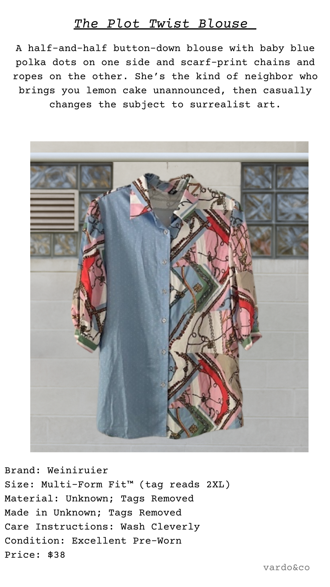 Catalog card for The Plot Twist Blouse showing the split design—baby blue polka dots paired with pastel scarf‑print chains/ropes and a contrast collar.
