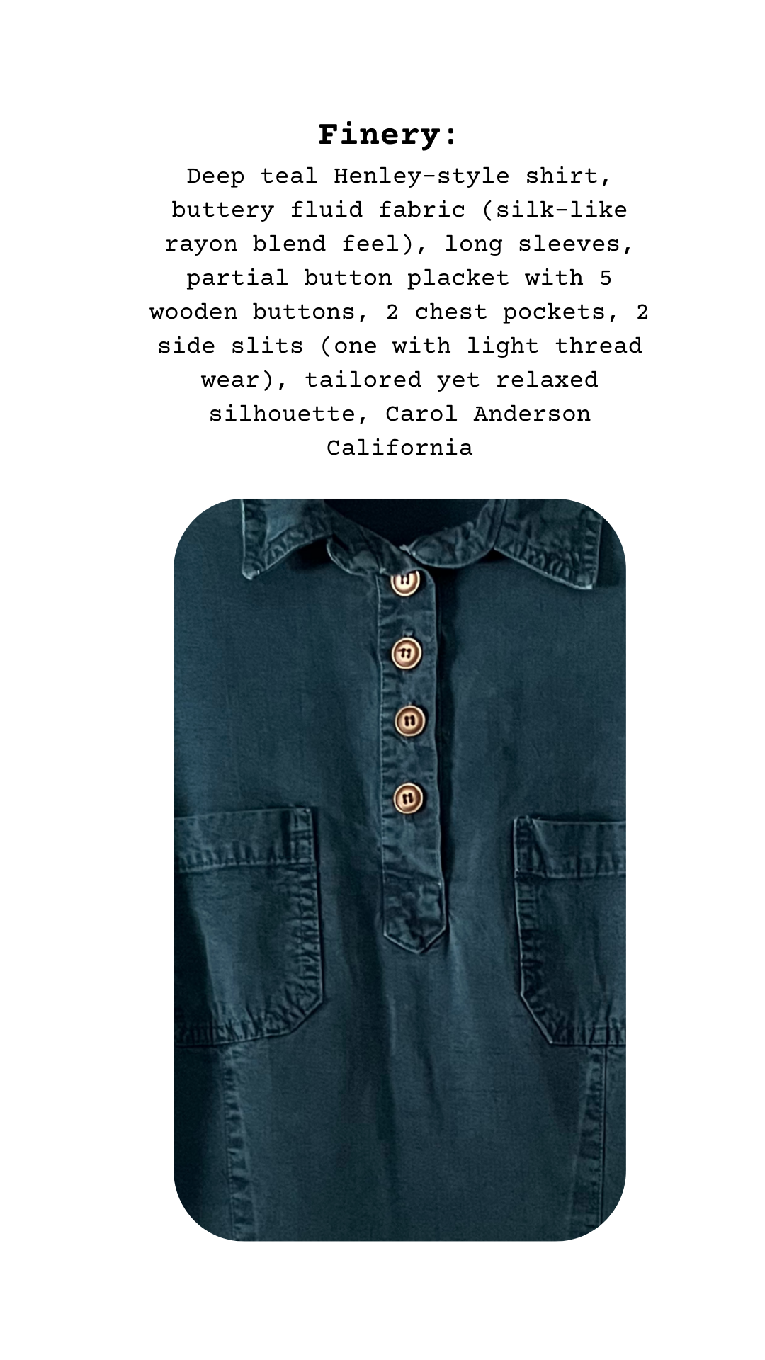 Teal henley-style shirt with buttons and pockets on a white background
