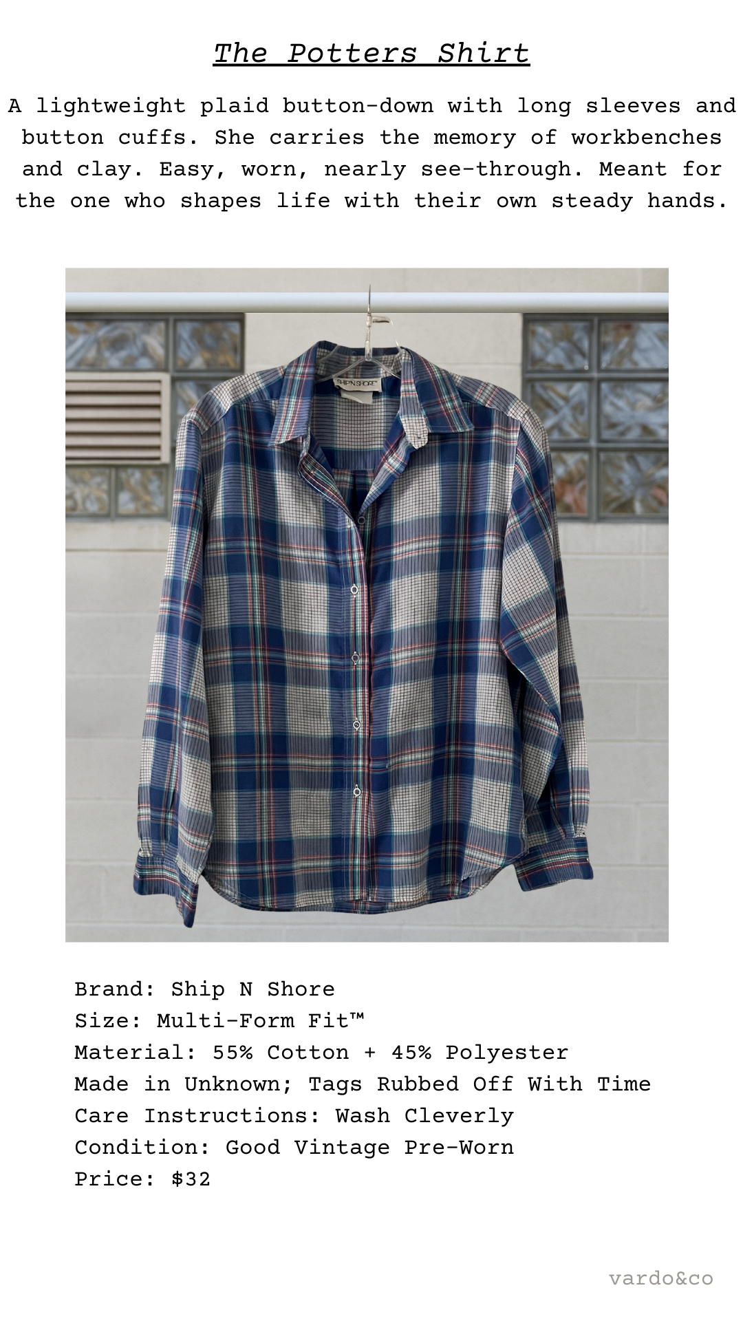 Plaid shirt on a hanger with text describing the shirt's features and care instructions.
