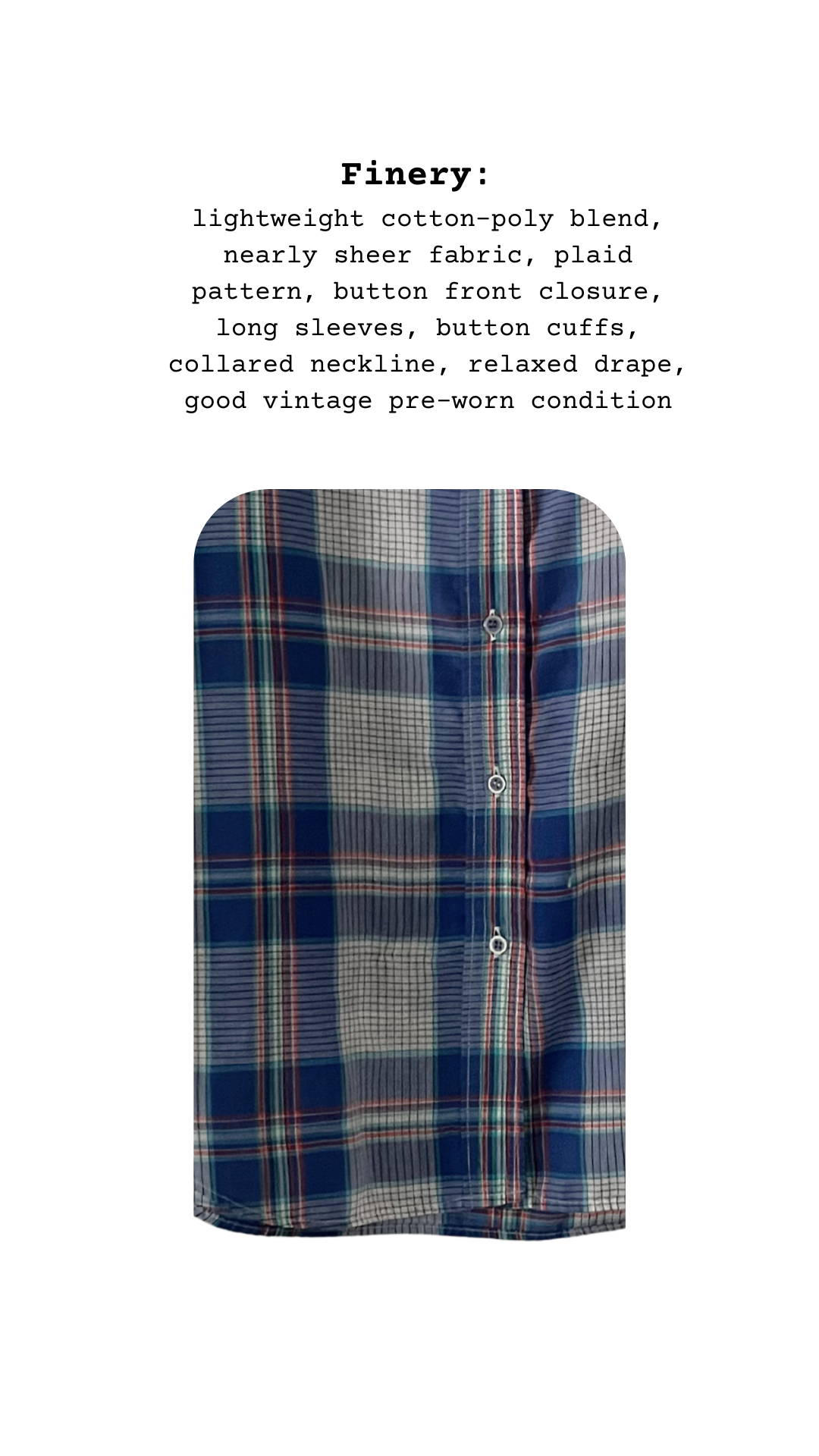 Plaid shirt with text describing fabric and style on a white background