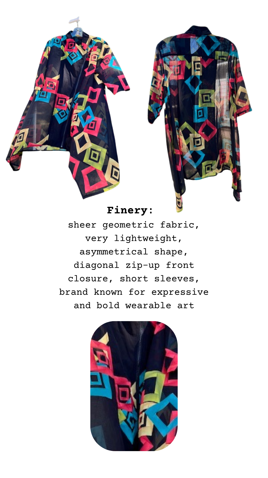 Finery card for The Prism Shifter, listing fabric, shape, sleeve, and brand style notes.