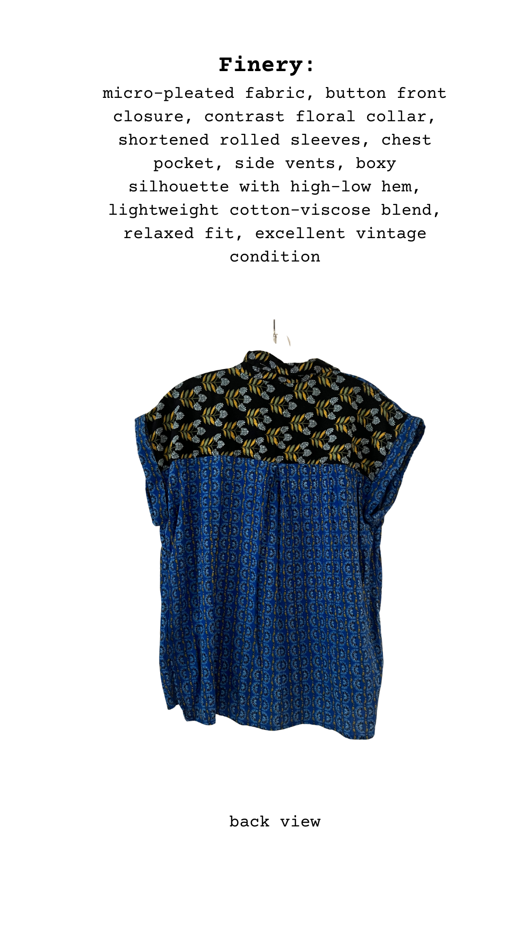 Blue textured top with floral collar on a white background