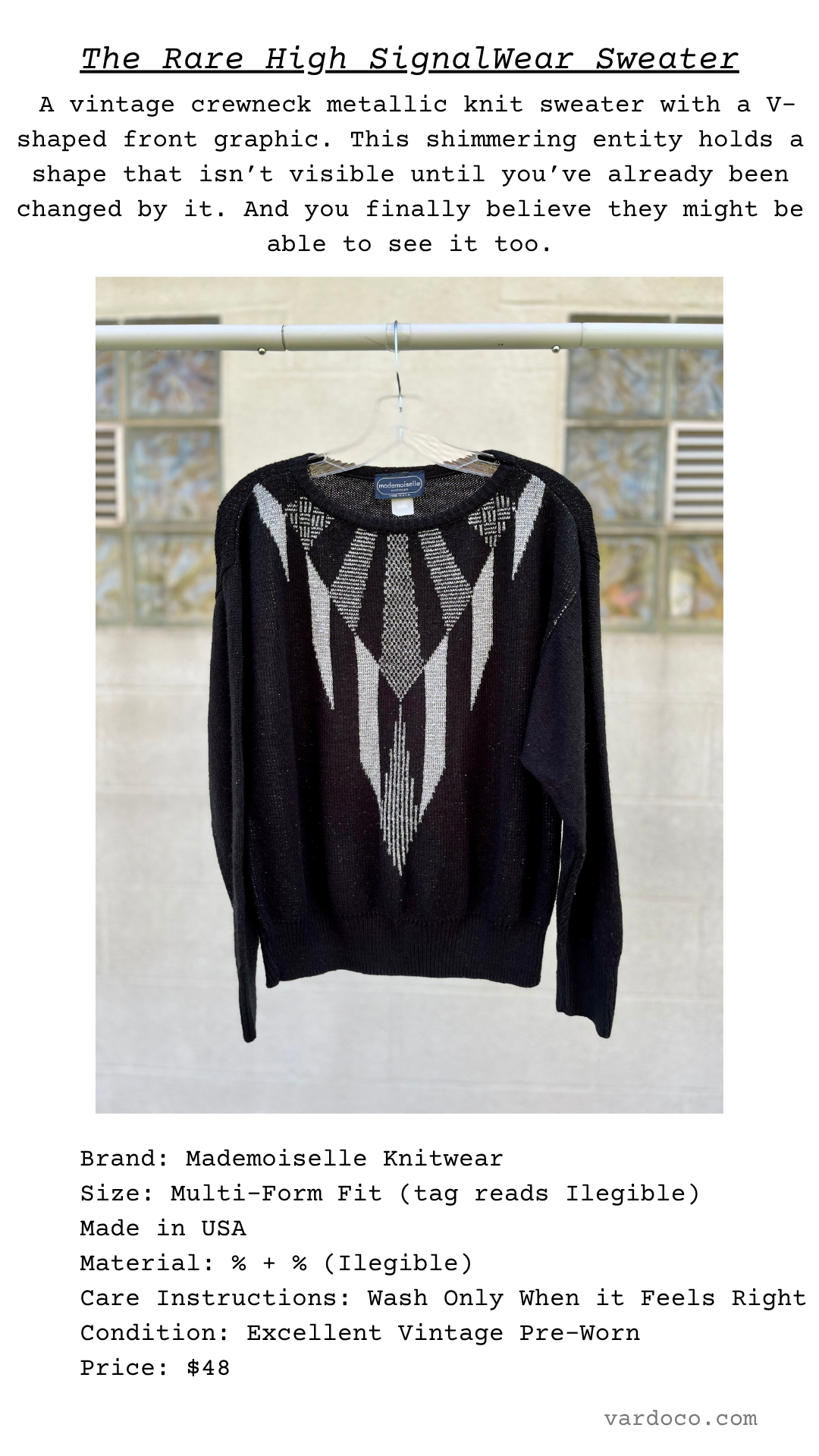 Garment card for The Rare High SignalWear Sweater, featuring poetic description and brand information.
