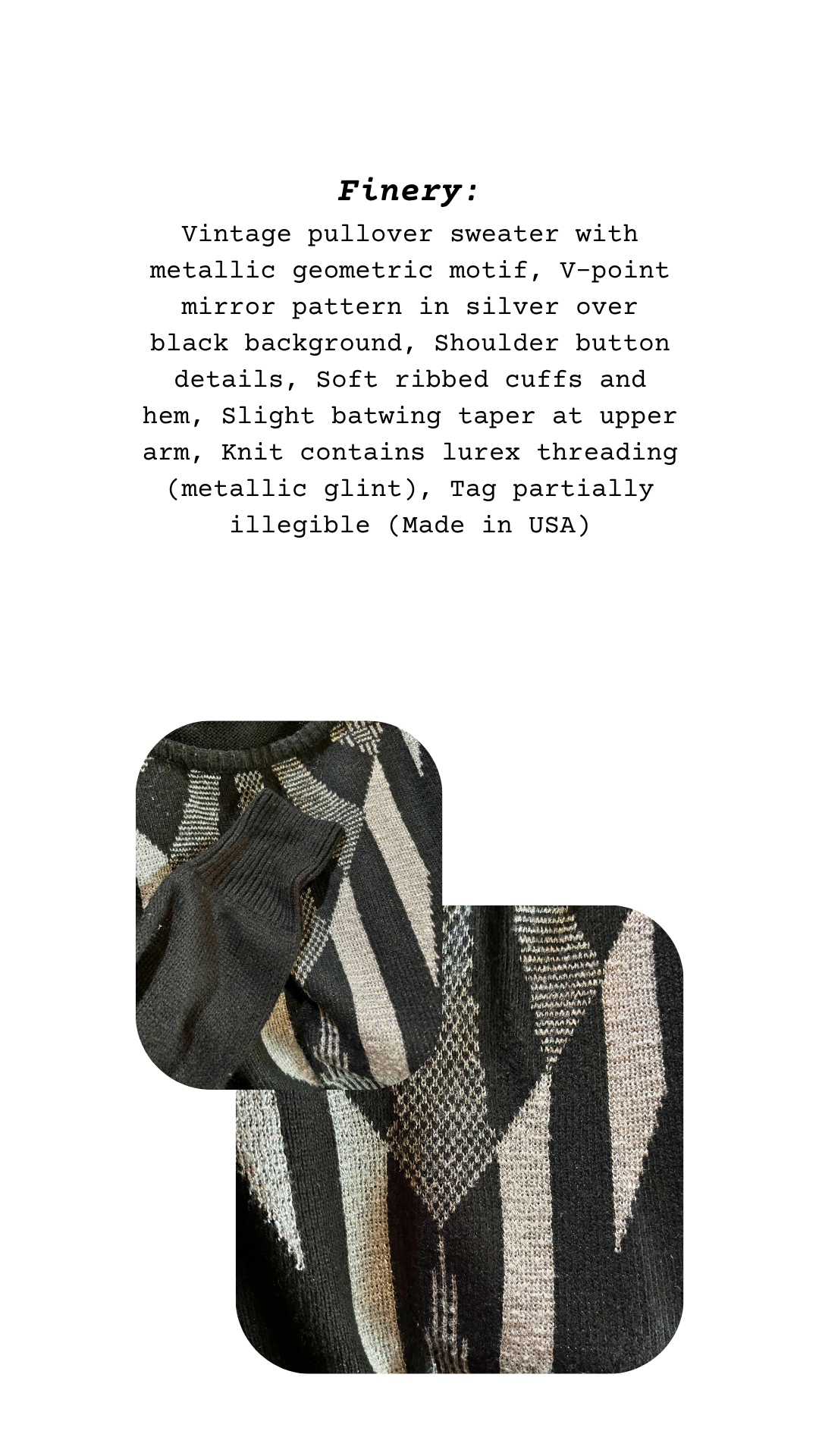 Finery card for The Rare High SignalWear Sweater, highlighting silver-thread pattern and fabric detail.
