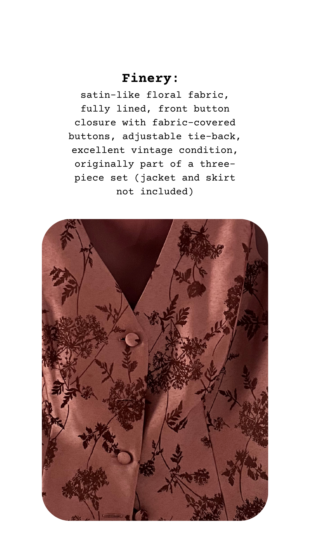 Floral patterned vest with text description on a white background