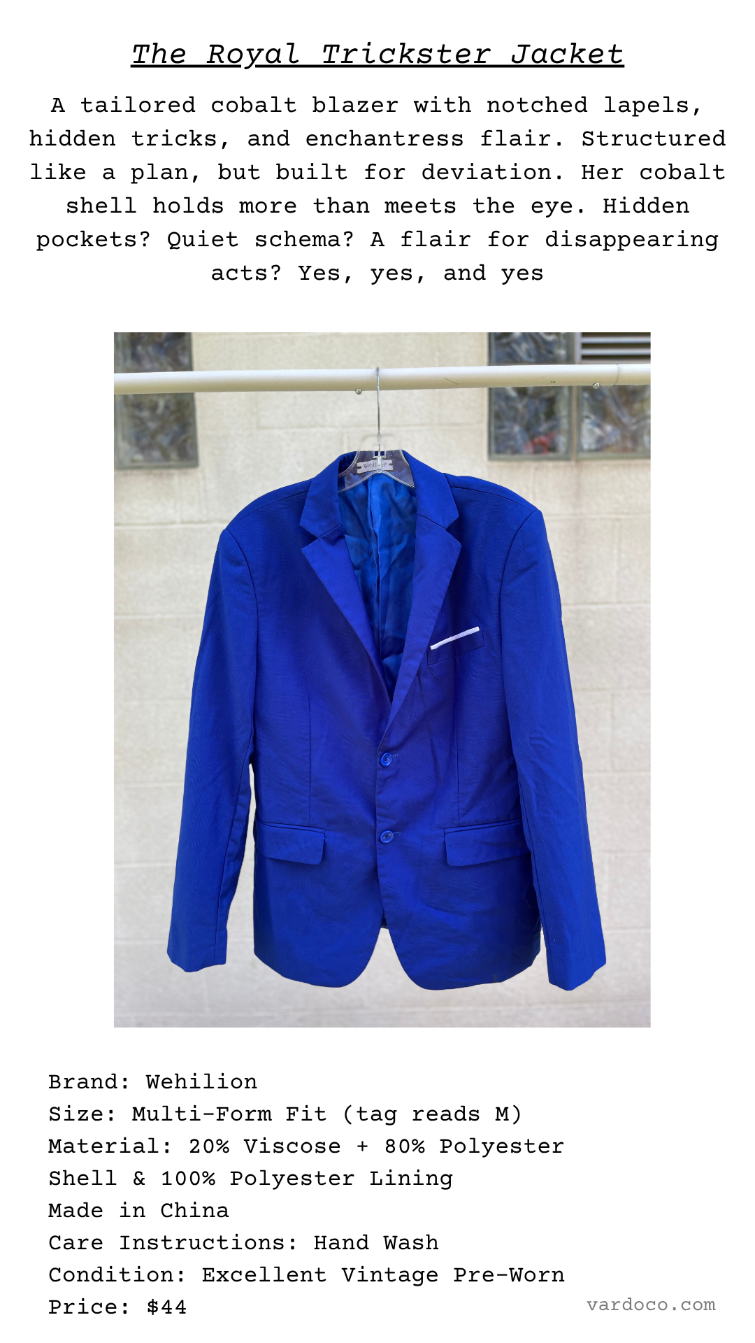 Product card for The Royal Trickster Jacket, featuring a vibrant cobalt blazer and poetic description highlighting its secretive charm.
