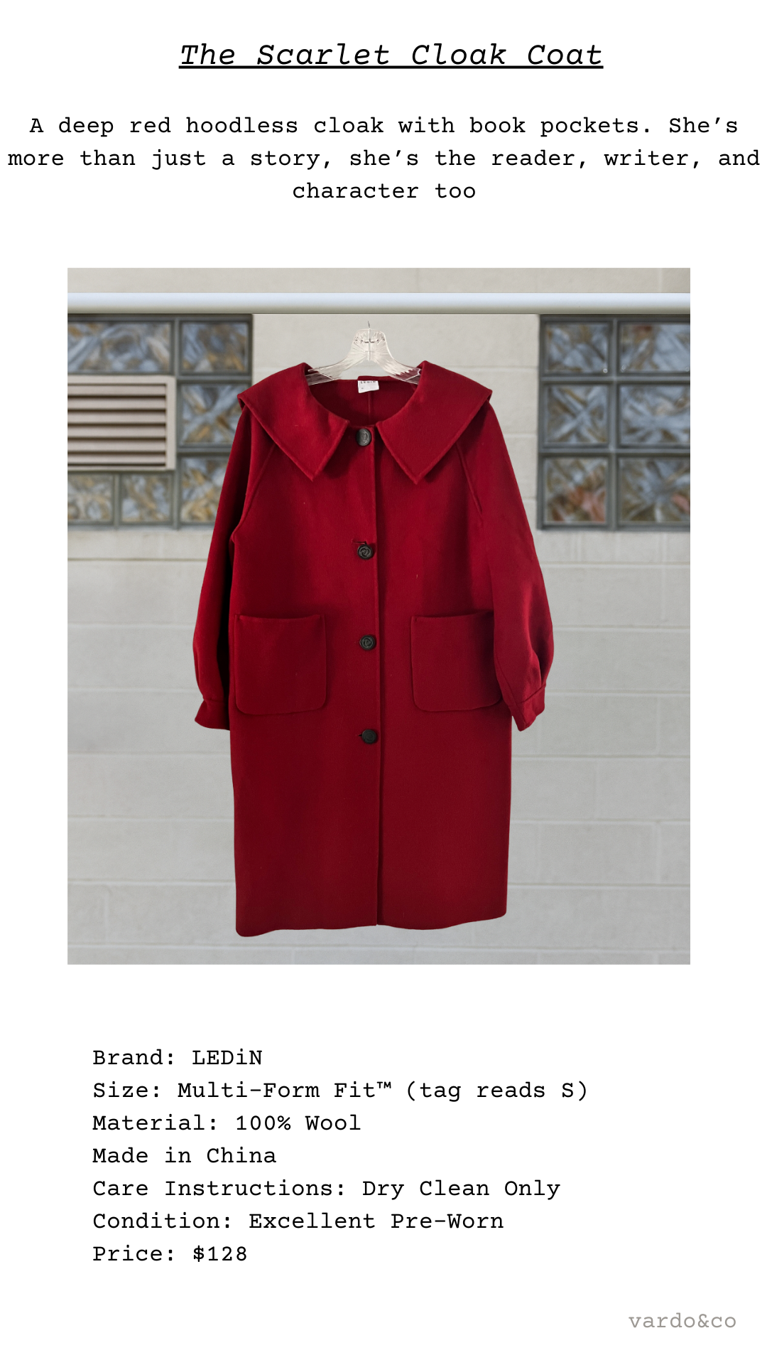 Red hoodless cloak with book pockets on a gray background