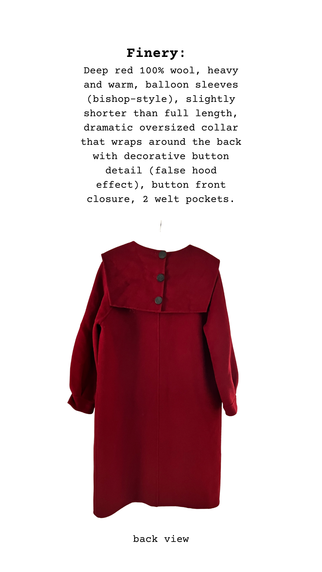 Red coat with text describing its features on a white background