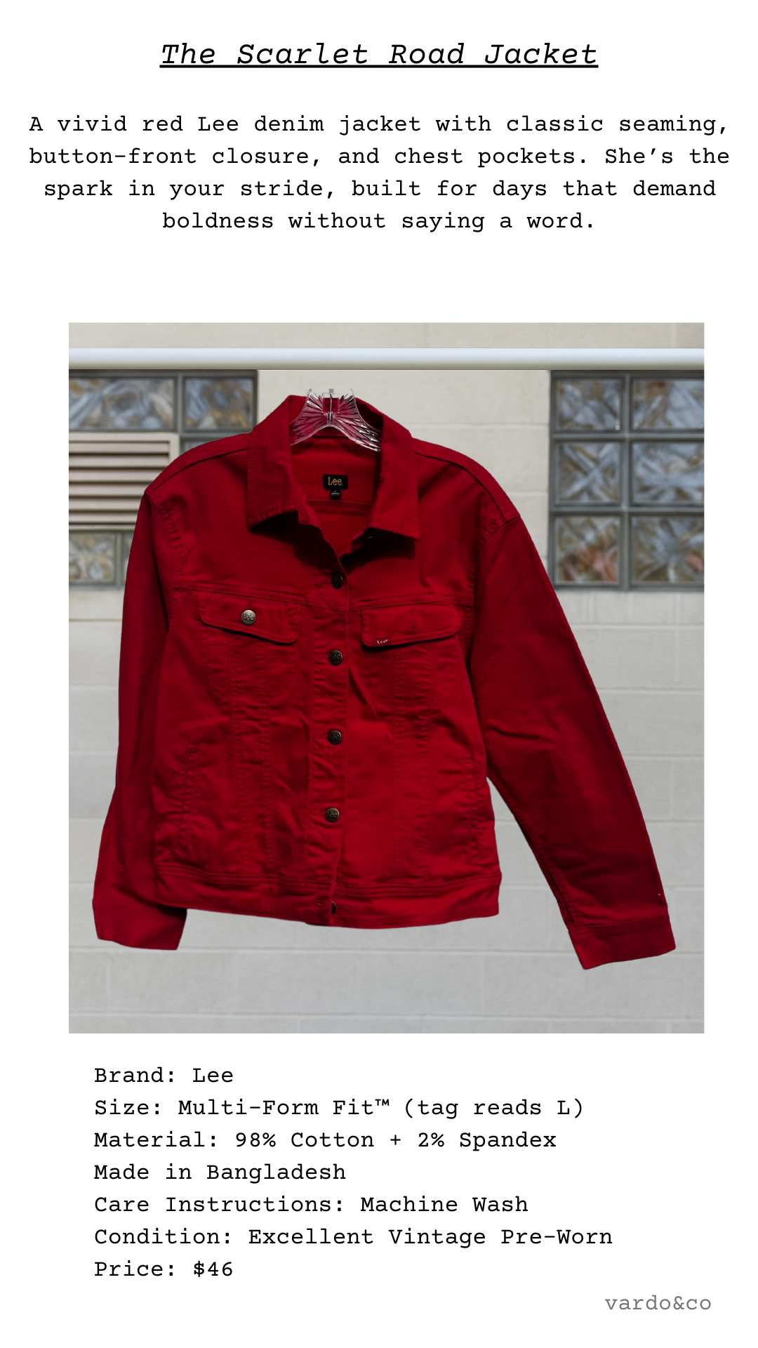 Catalog card for The Scarlet Road Jacket, featuring a vivid red Lee denim jacket with chest pockets and button-front design.
