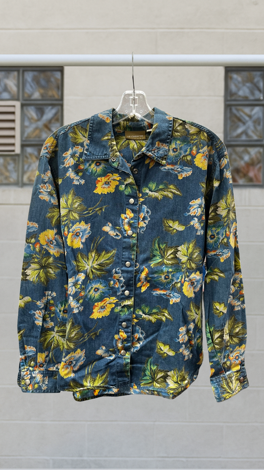 The Self Fertile Field Shirt - a vintage denim floral button-up shirt with metal snaps.