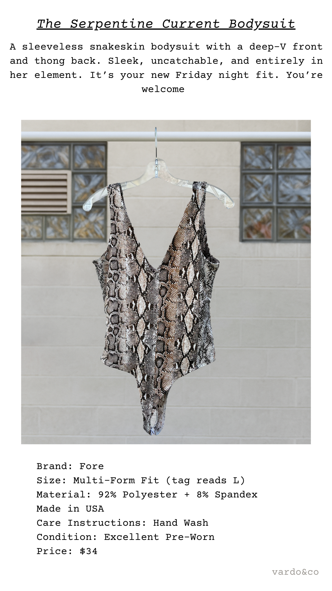 The Serpentine Current Bodysuit — sleeveless snakeskin print with deep-V front and back, thong cut, and snap closure.
