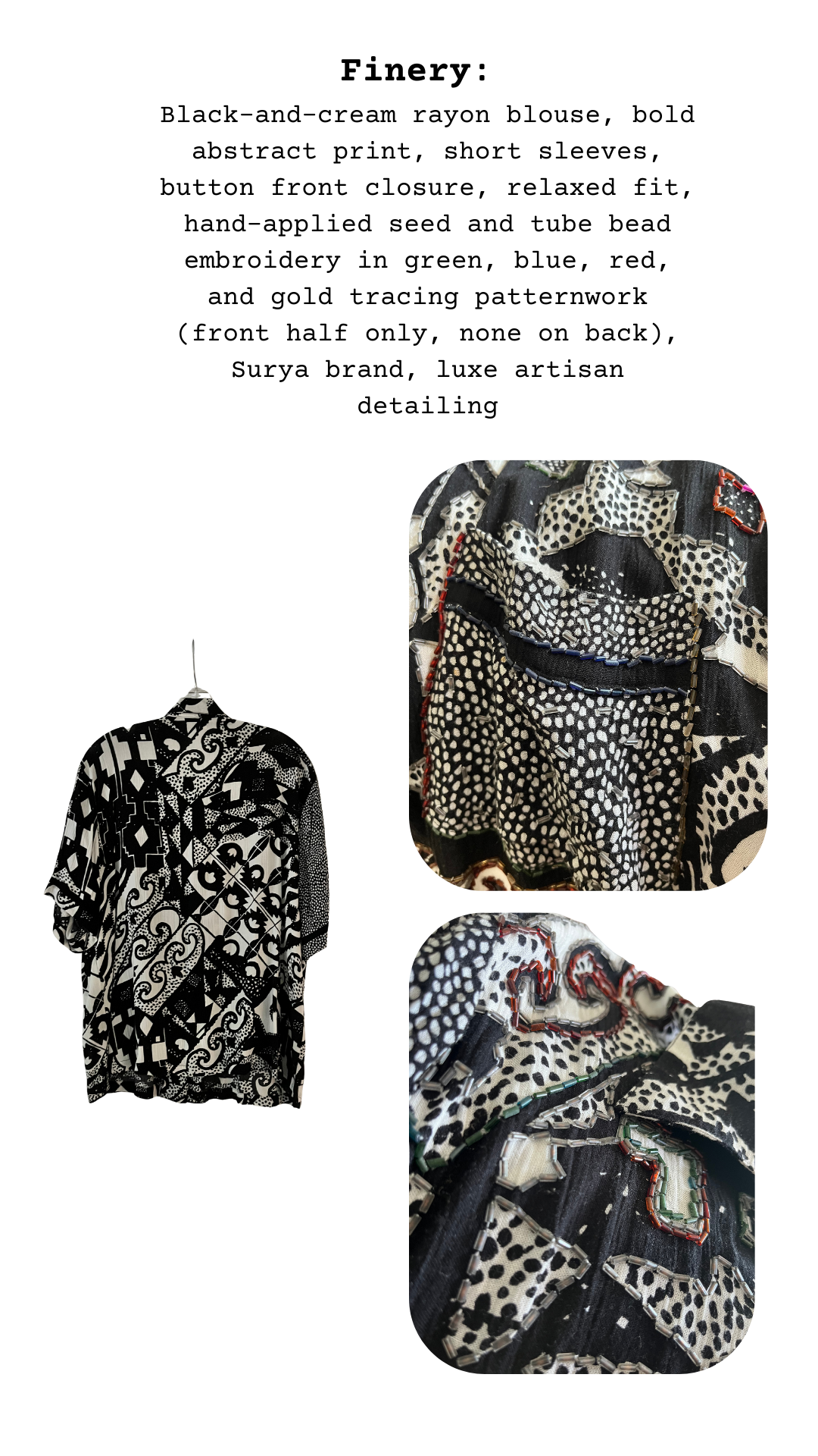 Black-and-cream rayon blouse with abstract print, shown from different angles on a white background.