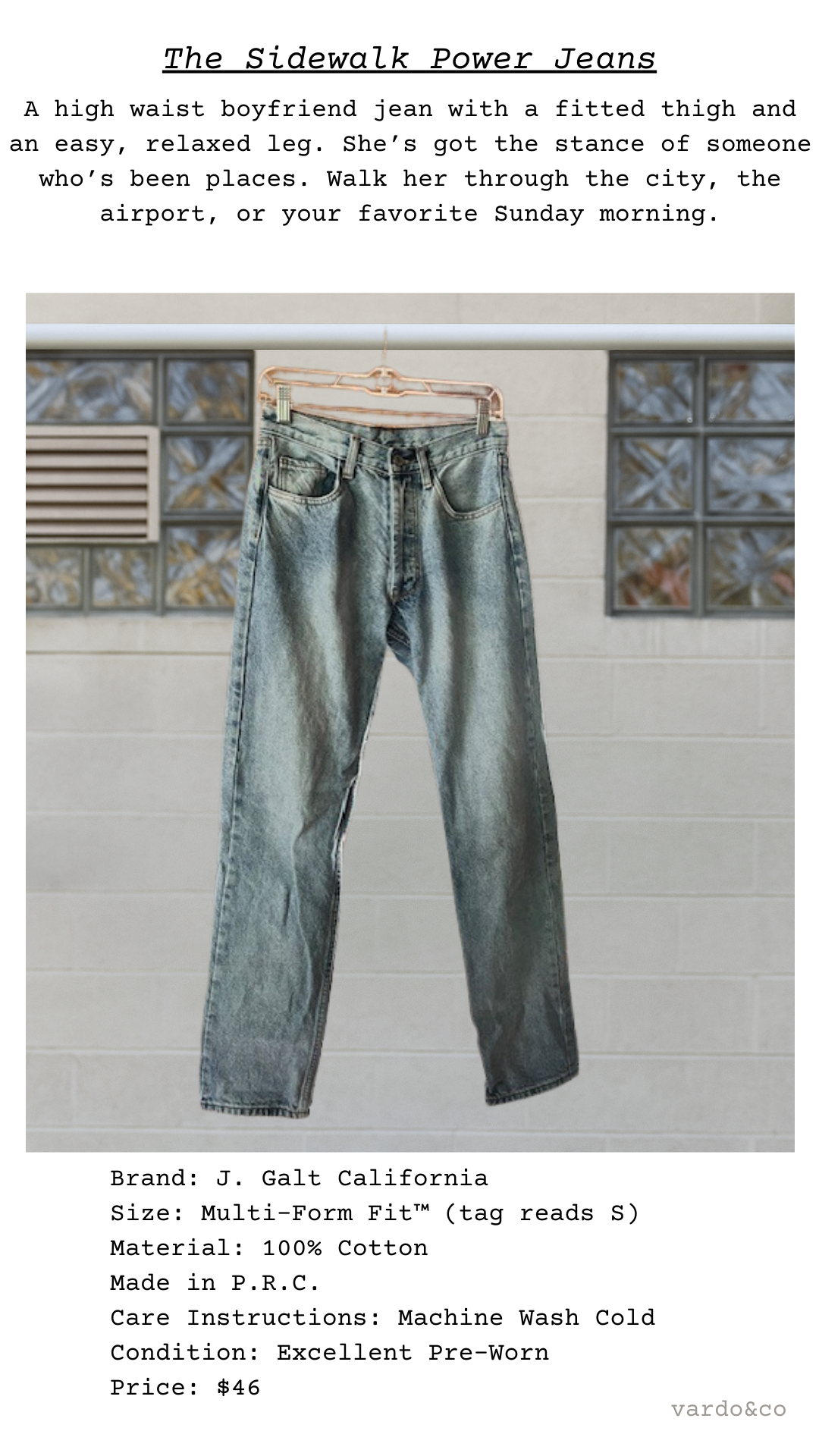 Product card titled “The Sidewalk Power Jeans” with a short description above a full garment photo and a specs block listing brand, size S, cotton material, care, condition, and price $46.
