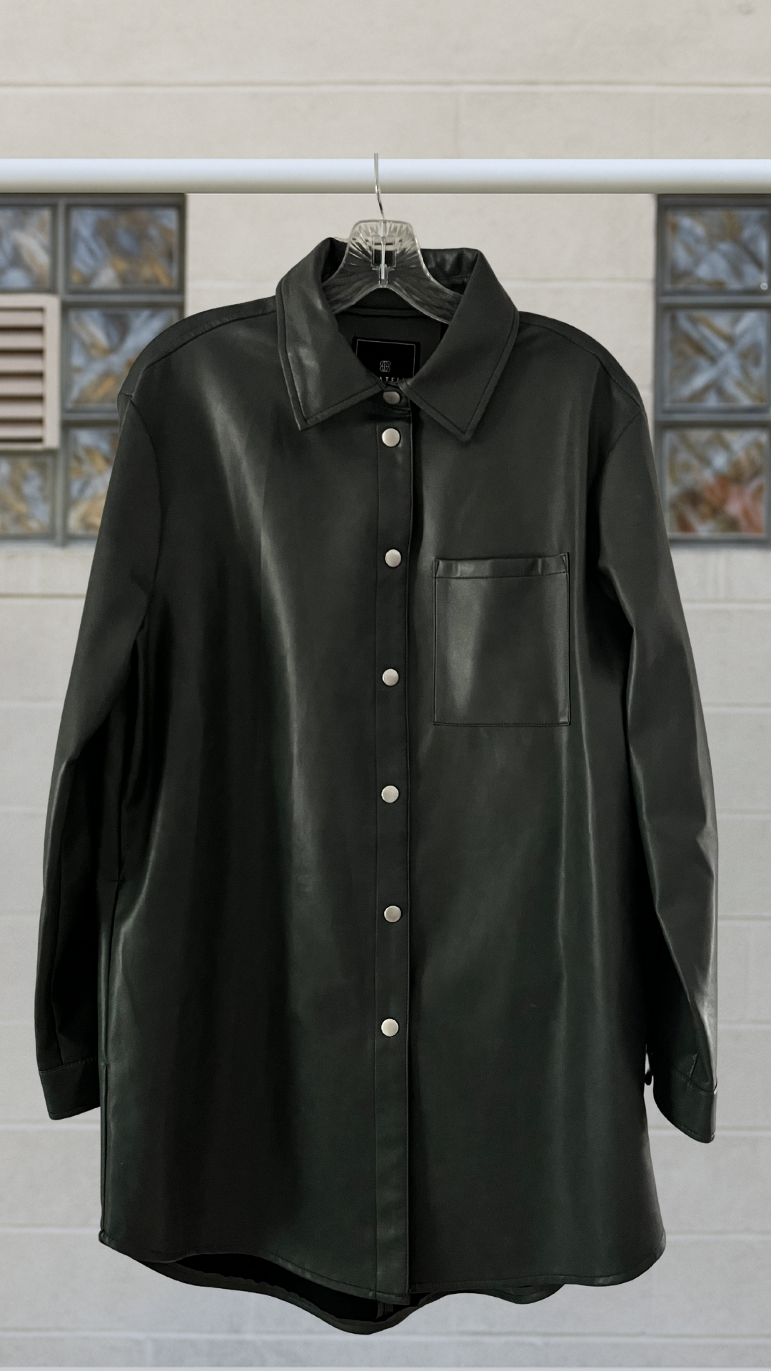 silver lucent shirt dress with snap buttons and long sleeves
