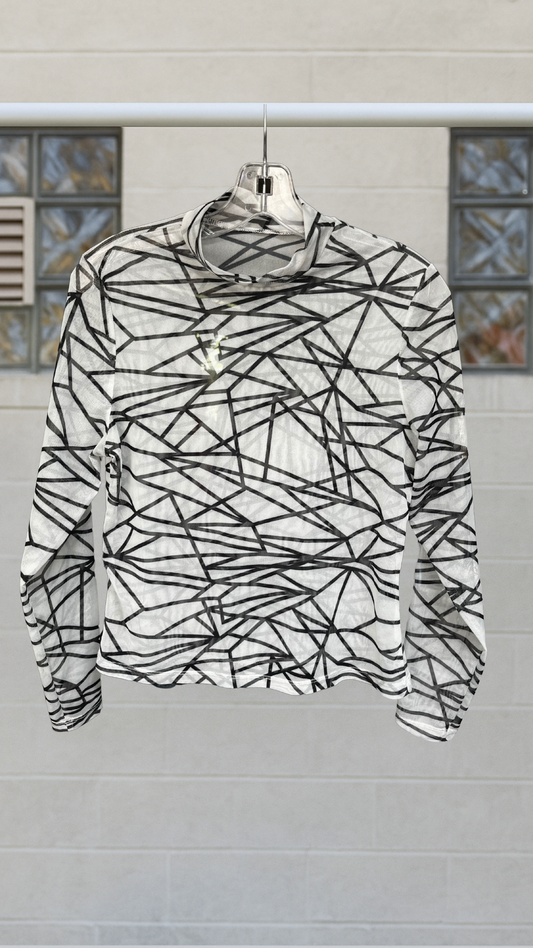 Black and white abstract line print mock turtleneck, sheer mesh fabric, cropped cut.