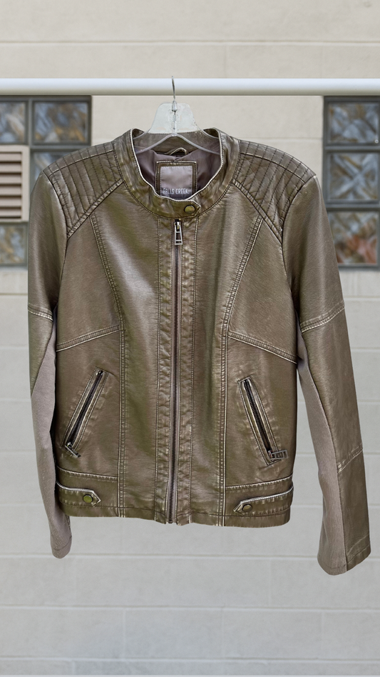 Faux leather bomber jacket with ribbed shoulders, zip pockets, and matte metallic sheen