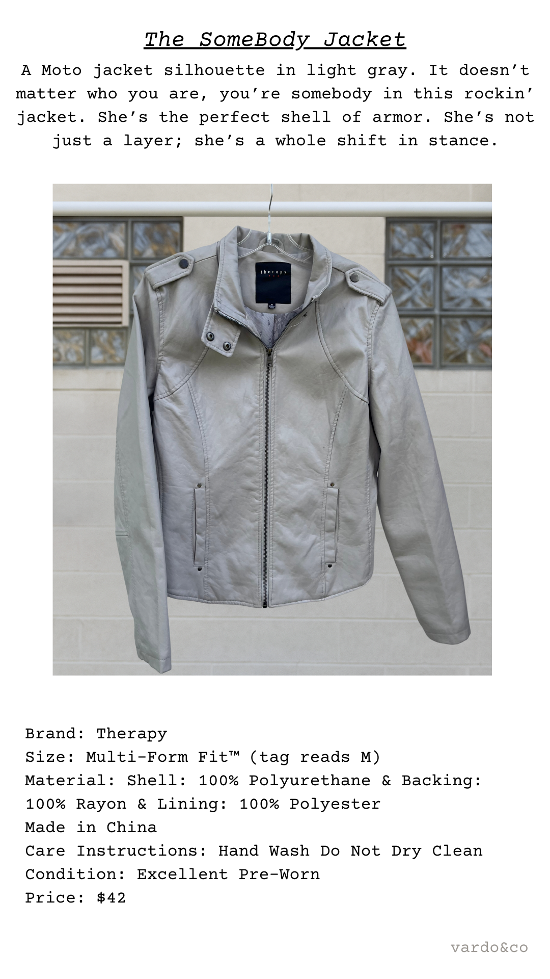 Catalog card view of the SomeBody Jacket, tailored faux-leather in dove grey
