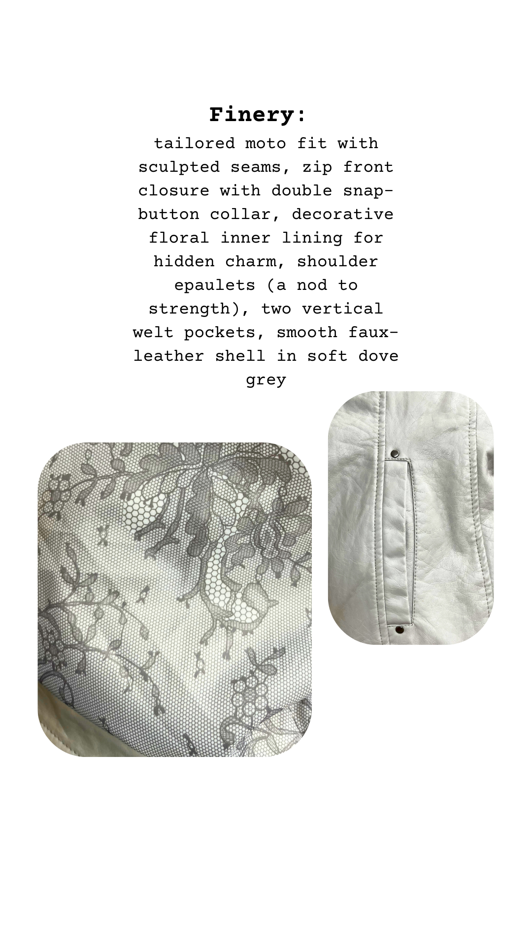 Catalog card view of the SomeBody Jacket, tailored faux-leather in dove grey
