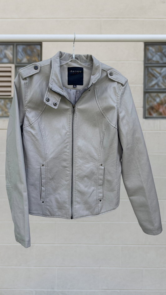 Dove grey faux-leather jacket with moto styling and snap collar
