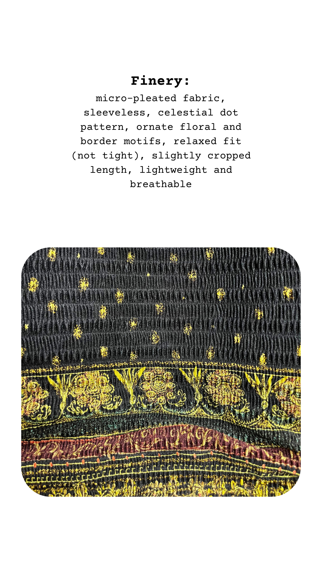 Micro-pleated sleeveless shell with encoded celestial pattern and ornamental borders
