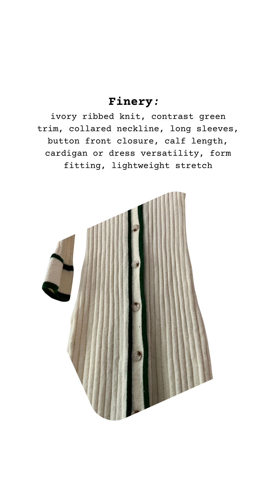 Close-up of ivory ribbed knit fabric with dark green contrast piping and buttons
