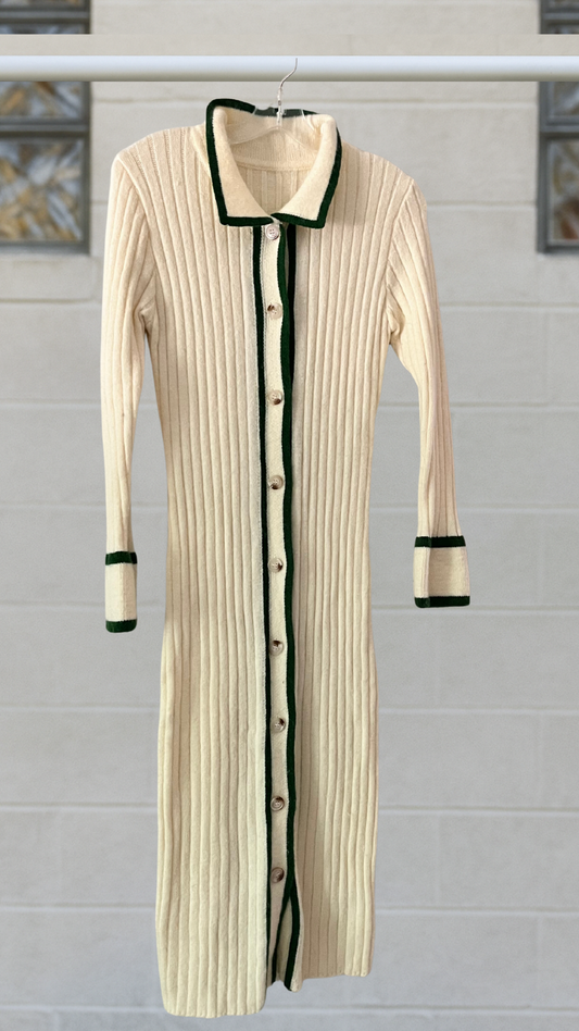 Ivory ribbed long cardigan-dress with green contrast trim, collared, button-front, long sleeves
