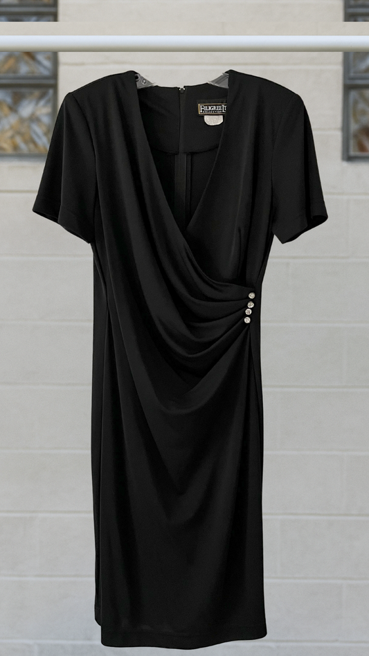 Black draped jewel dress with sheer back and four rhinestone crystals