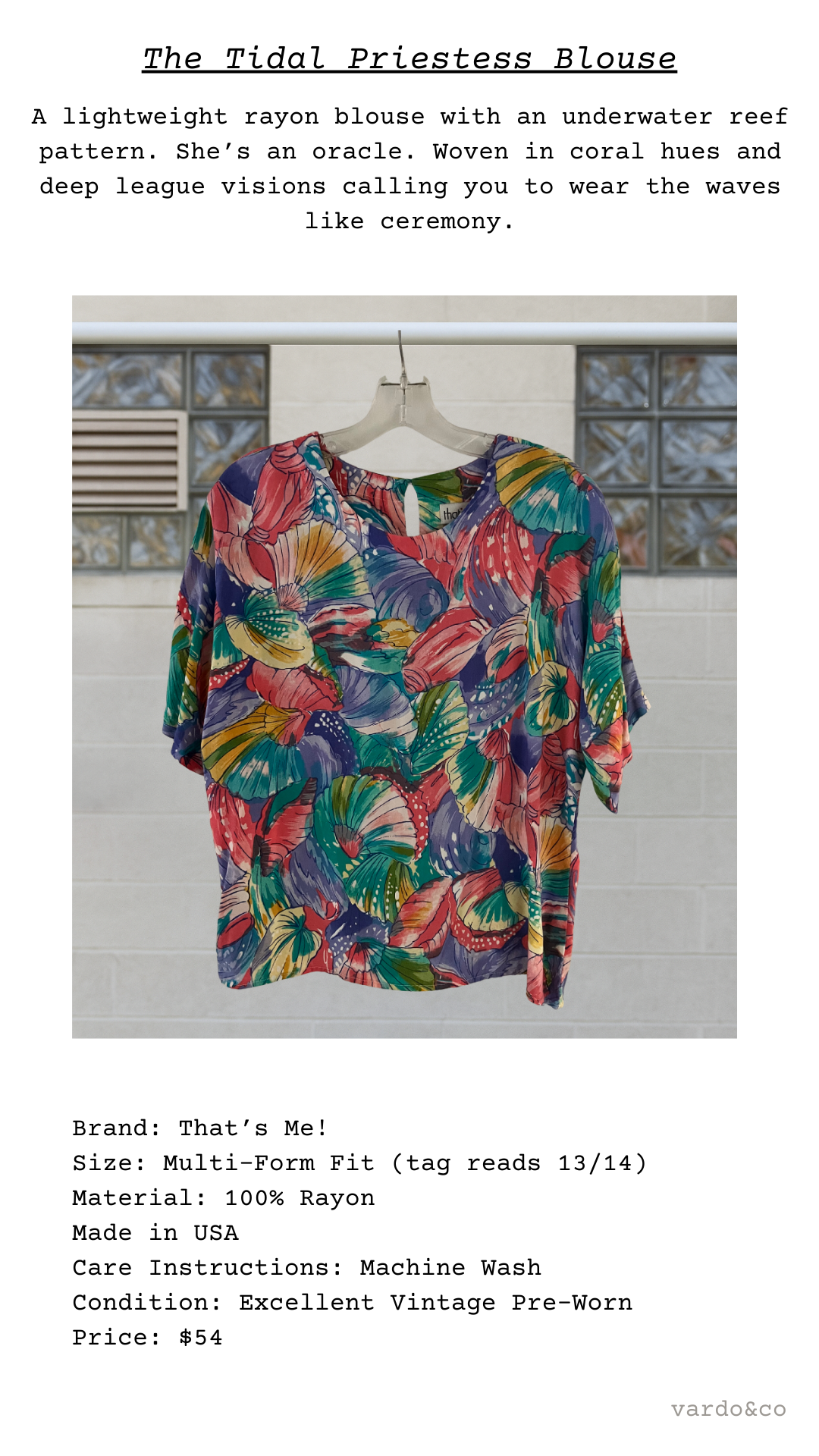 Catalog card of The Tidal Priestess Blouse, reef-print rayon top with fluid drape
