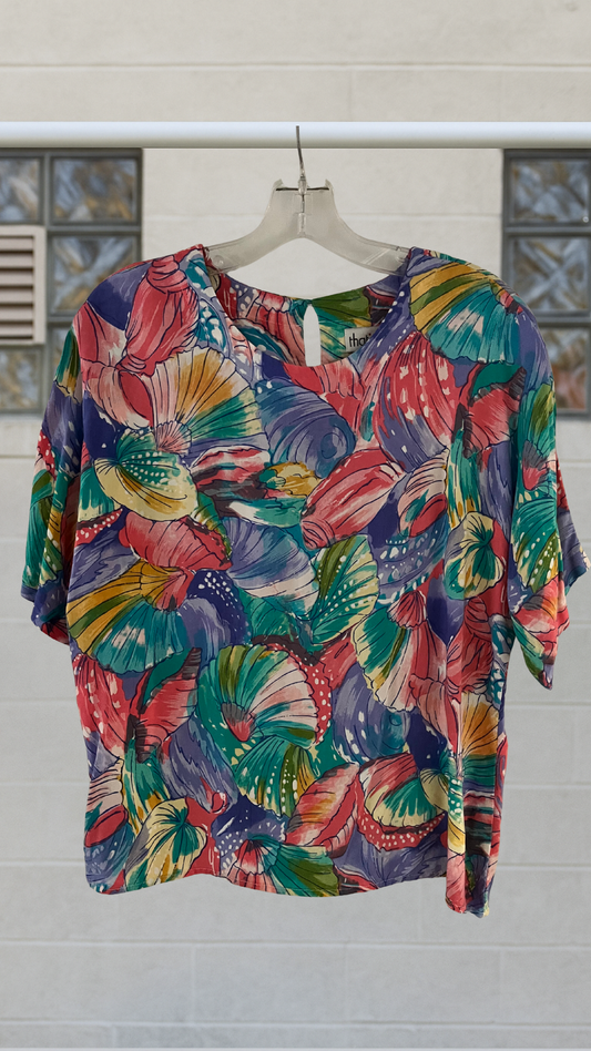 Lightweight rayon blouse with multicolor reef print, short sleeves, round neck, and keyhole button back
