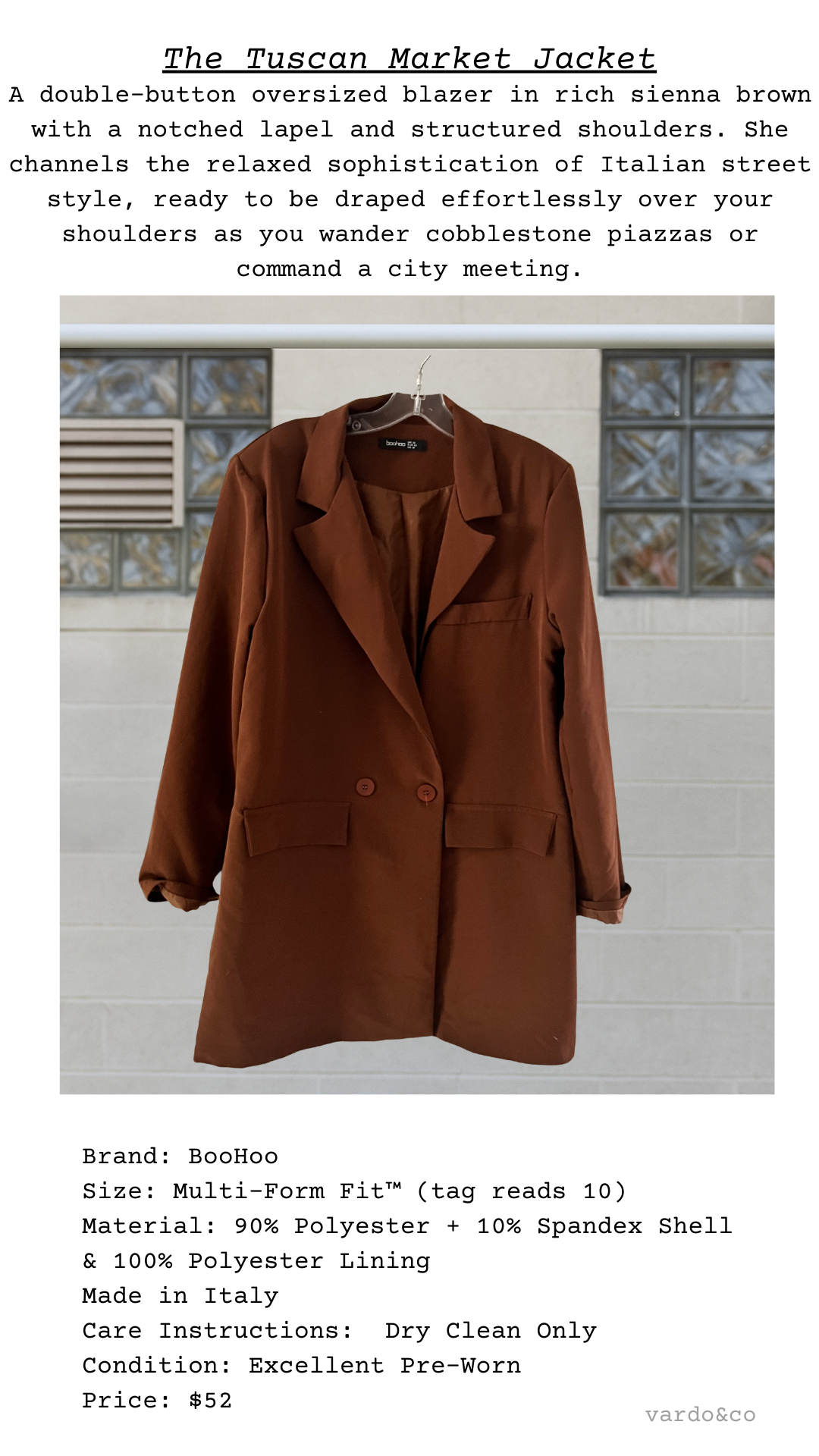 Sienna brown oversized blazer styled flat with buttons closed and lapel visible