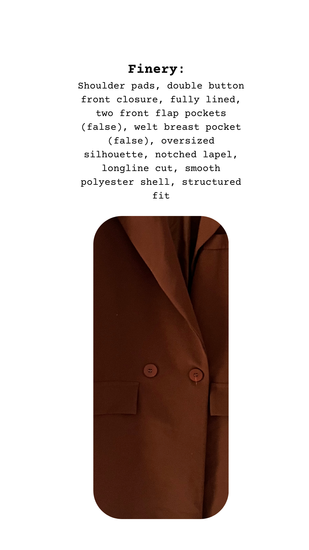Detail view of sienna brown blazer showing smooth fabric, button texture, and notched lapel
