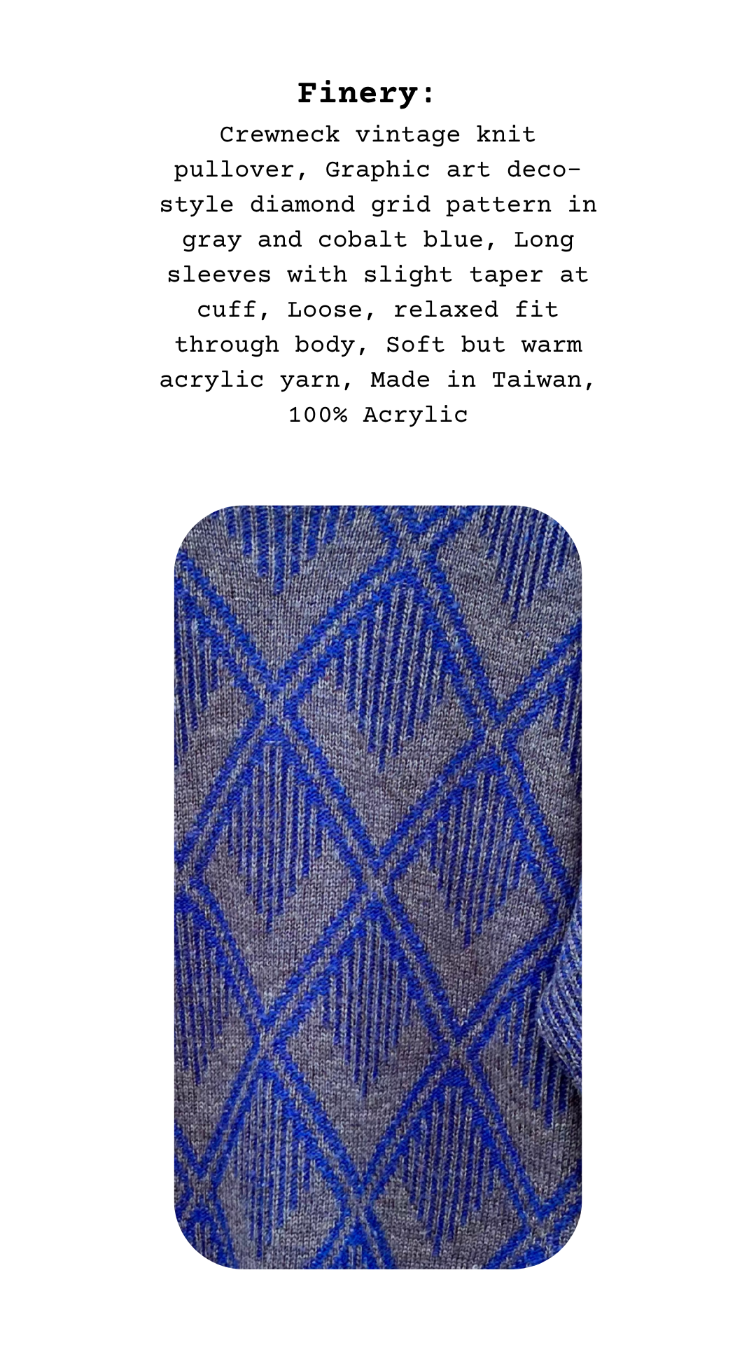 Finery card for The Understated Rebel Lounger, showing pattern details and sweater construction.
