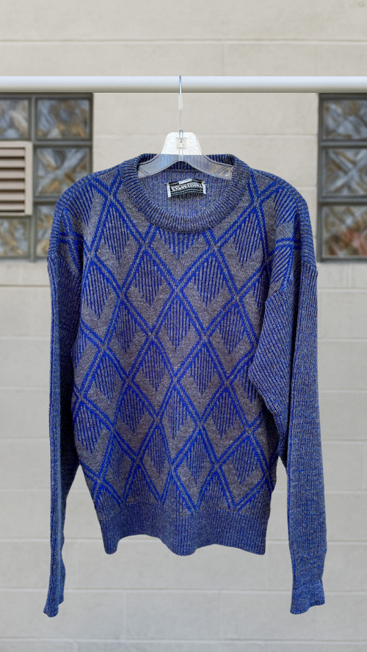 Vintage cobalt and gray pullover with art deco diamond knit pattern, slouchy fit, and long sleeves.