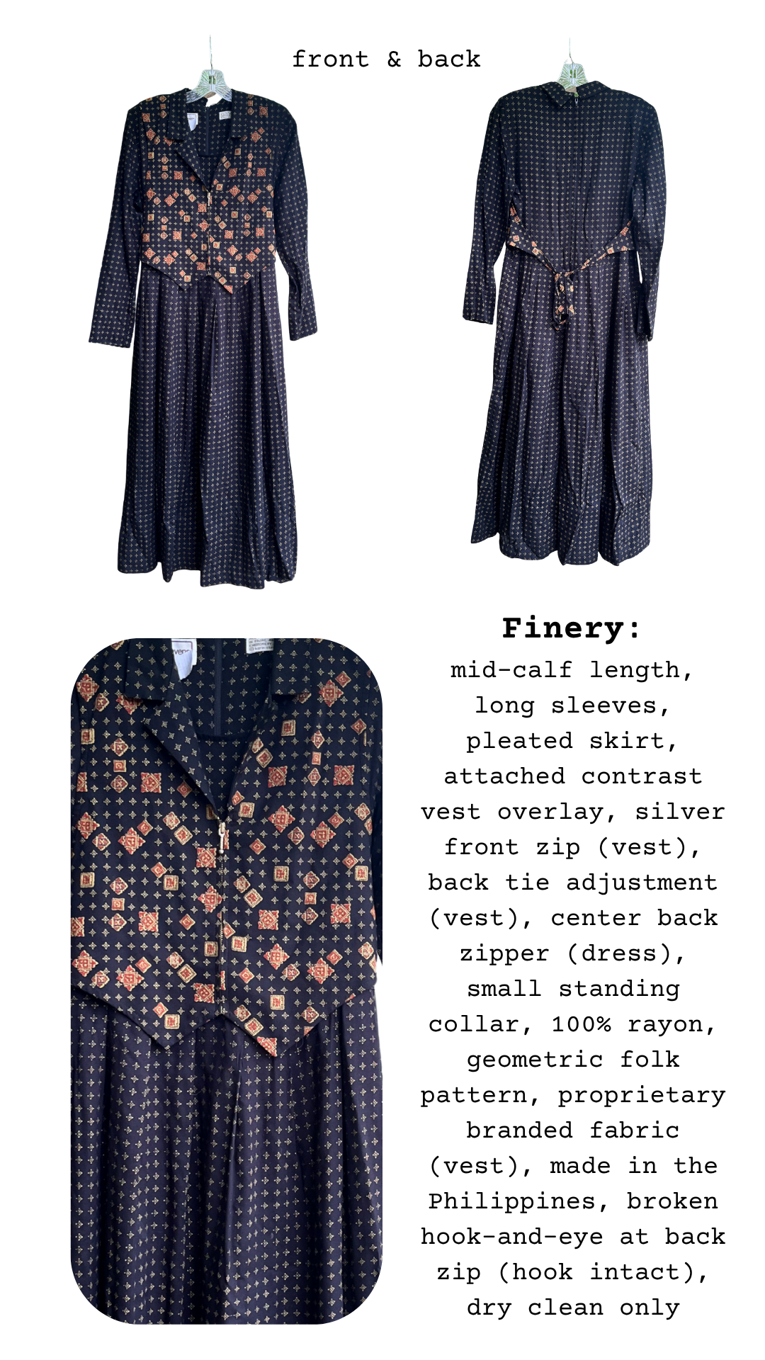 The Vestige Dress displayed front and back with a close-up of the geometric vest and a finery list beside it.