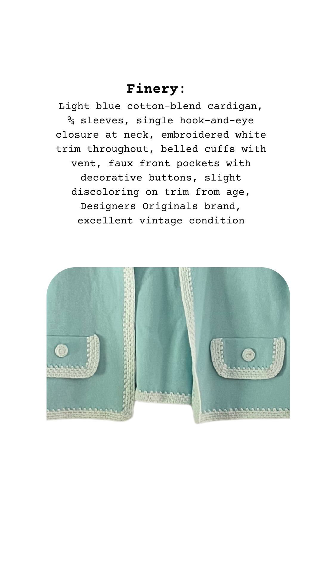 Light blue cotton-blend cardigan with white trim on a white background