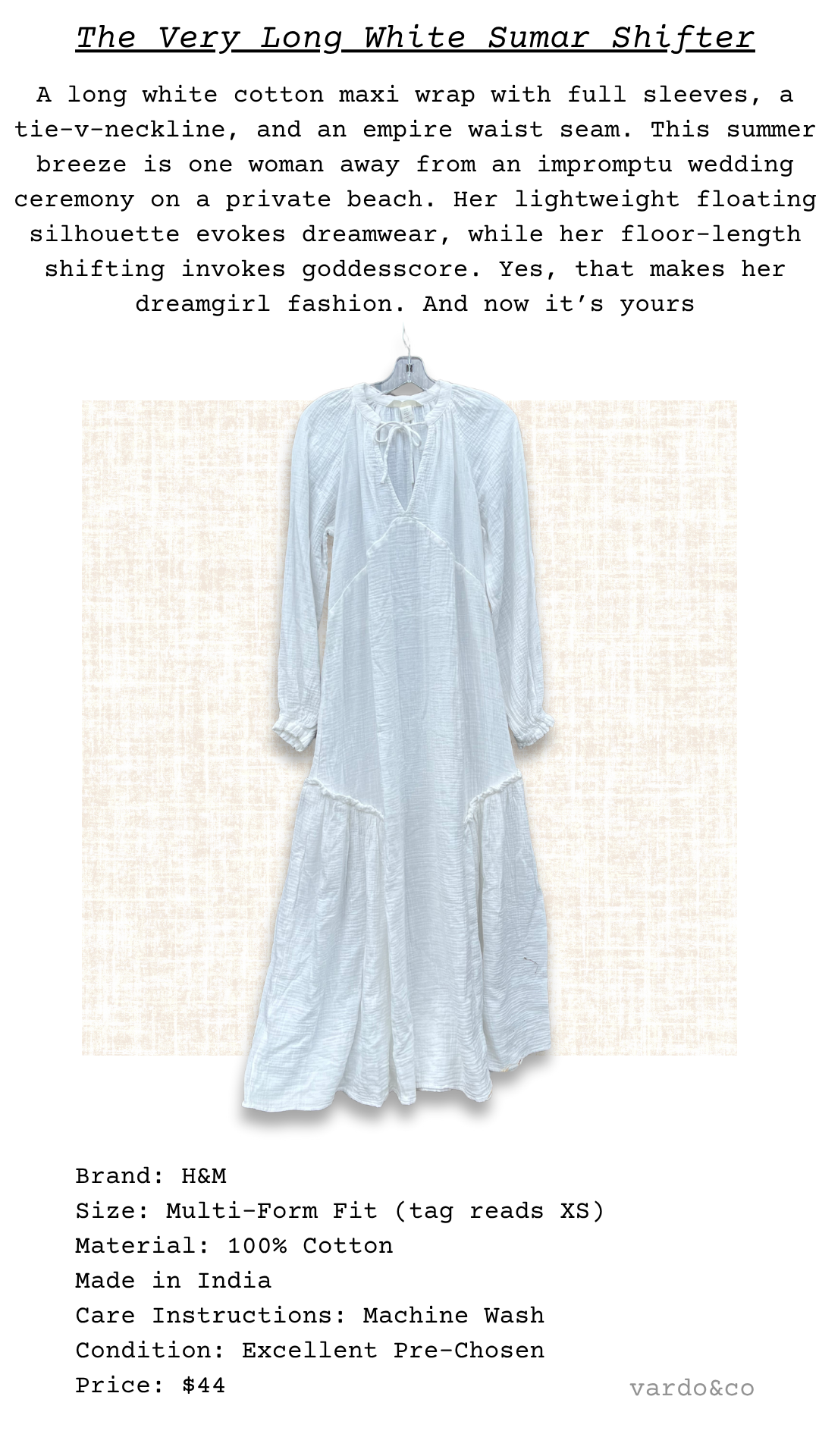 Ethereal white cotton dress with v-neck and full-length silhouette, described as a dreamwear shifter on a textured beige backdrop.