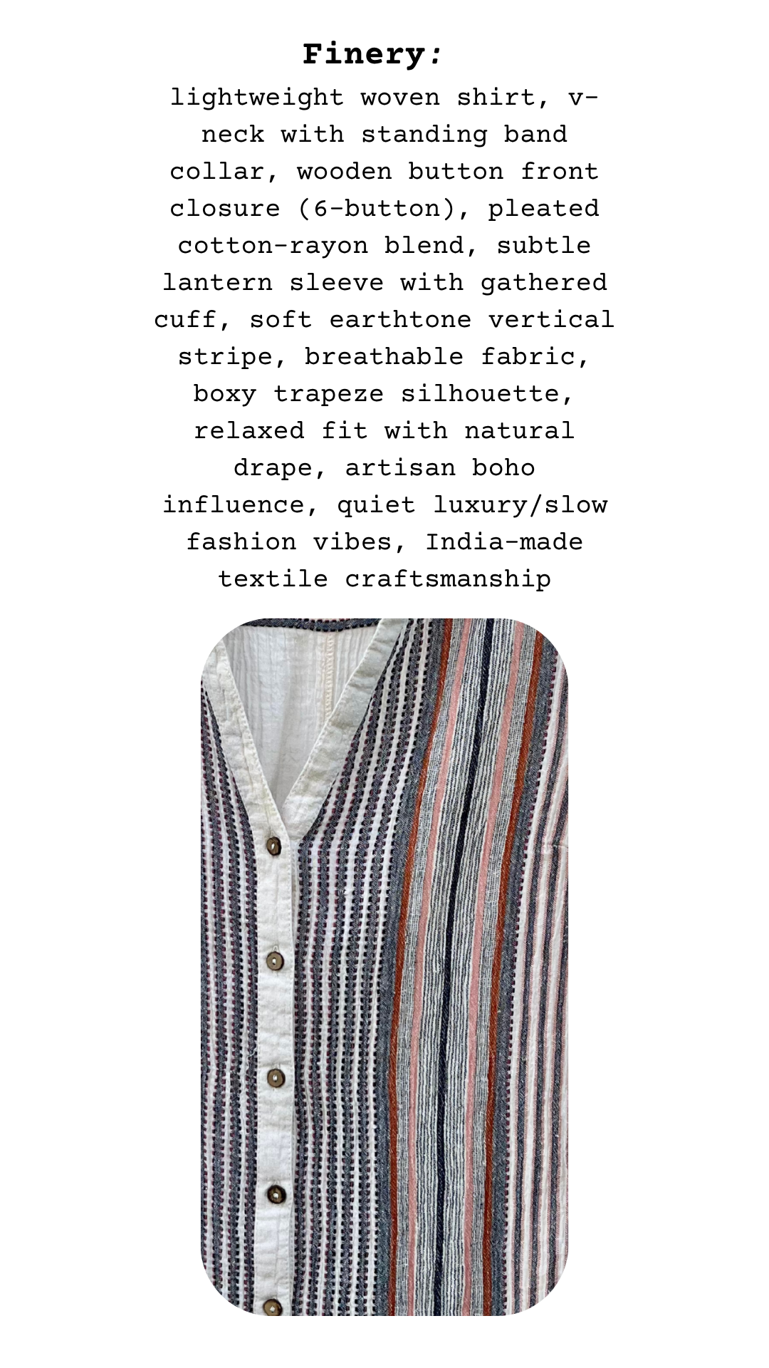 Finery card for The Zen Walker featuring woven fabric details, cuff style, button closure, and construction notes.
