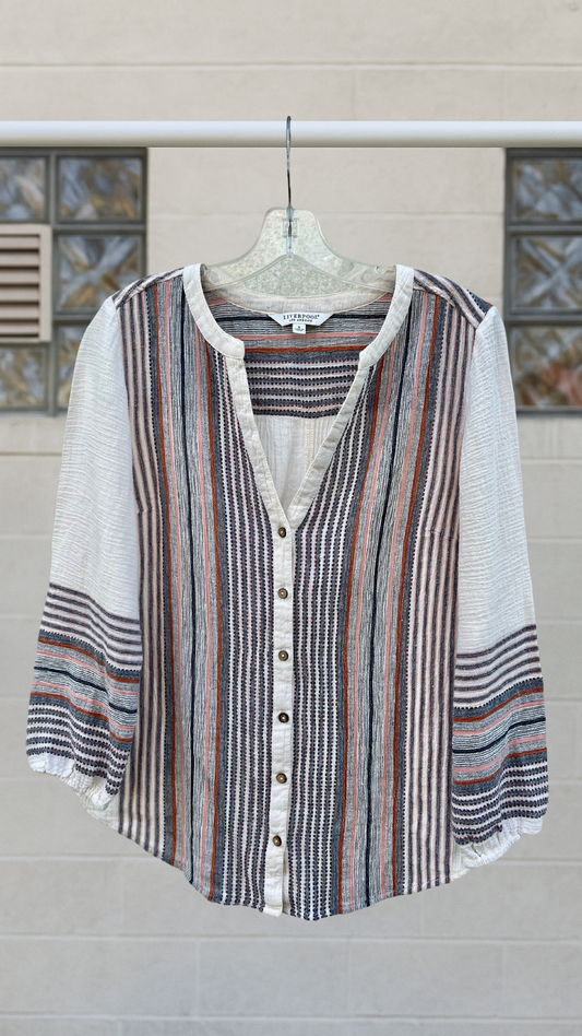 Lightweight striped woven shirt with v-neck, wooden buttons, and soft neutral tones by Liverpool LosAngeles.