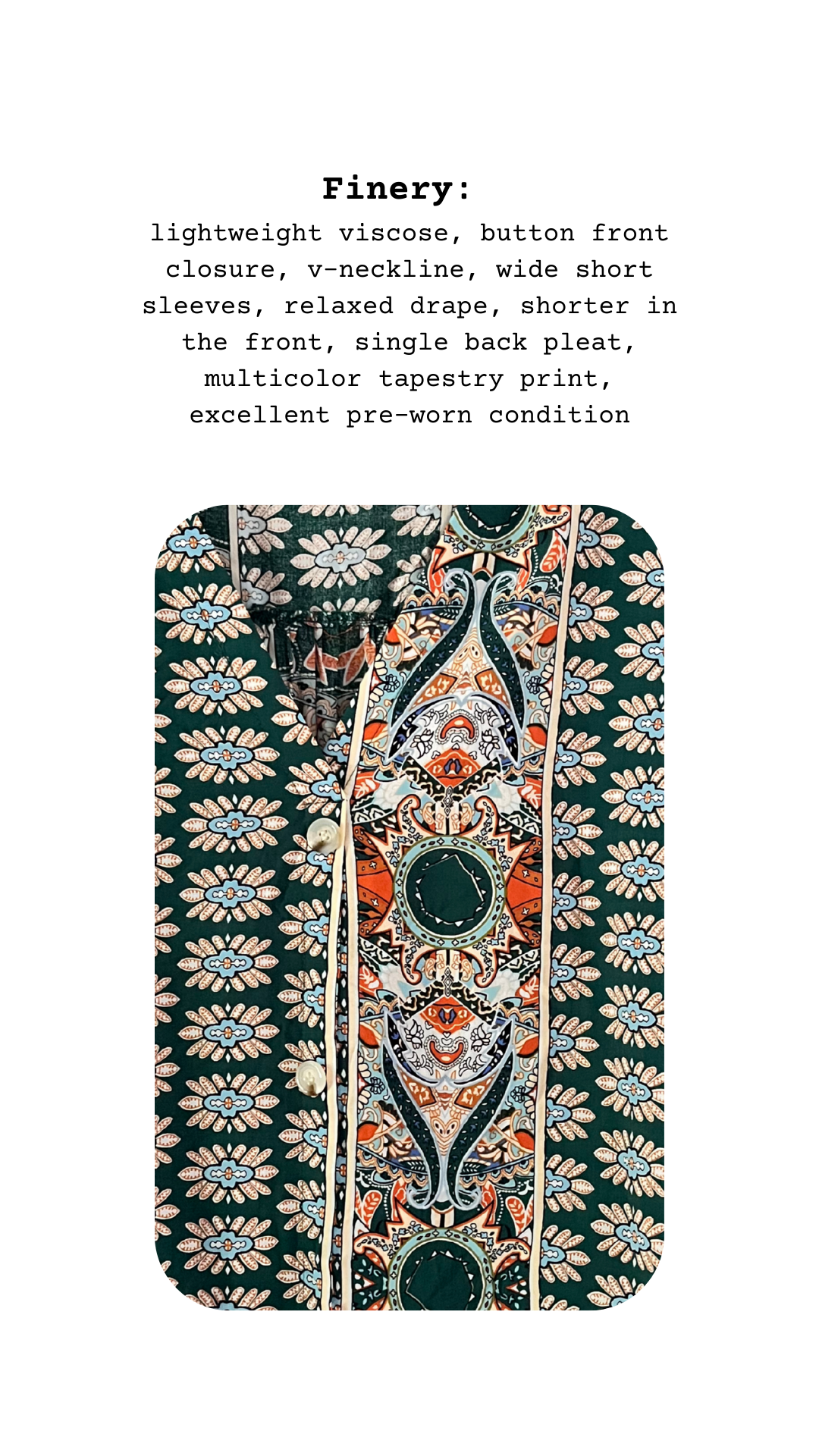 Multicolored tapestry print garment with text describing features on a white background