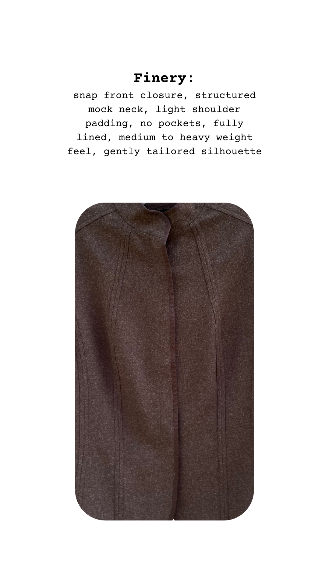 Brown jacket on a white background with text describing features.