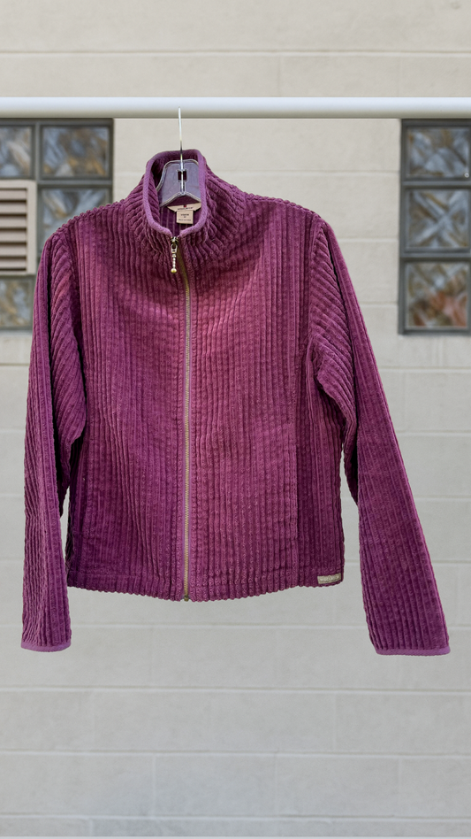 Plum corduroy zip-up jacket by Woolrich with stand collar, displayed front-facing against a pale background.