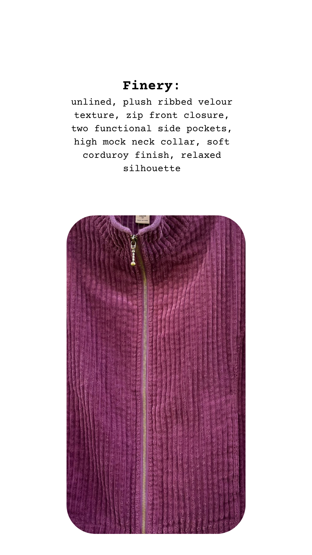 Close-up of ribbed corduroy texture and silver zipper of The Amethyst Priestess Jacket in rich plum tone
