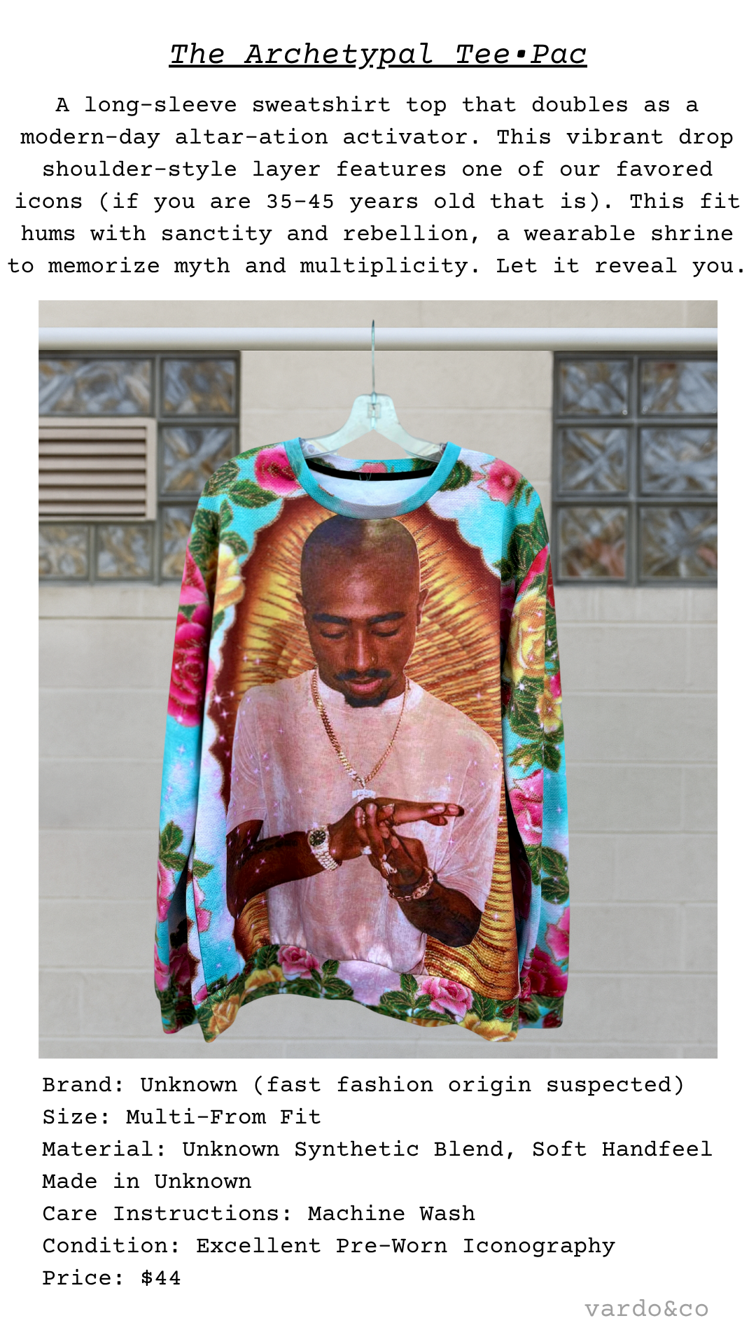 Product card for The Archetypal Tee•Pac, showcasing a bold graphic sweatshirt and poetic description about sacred wear, cultural memory, and mythic layering.
