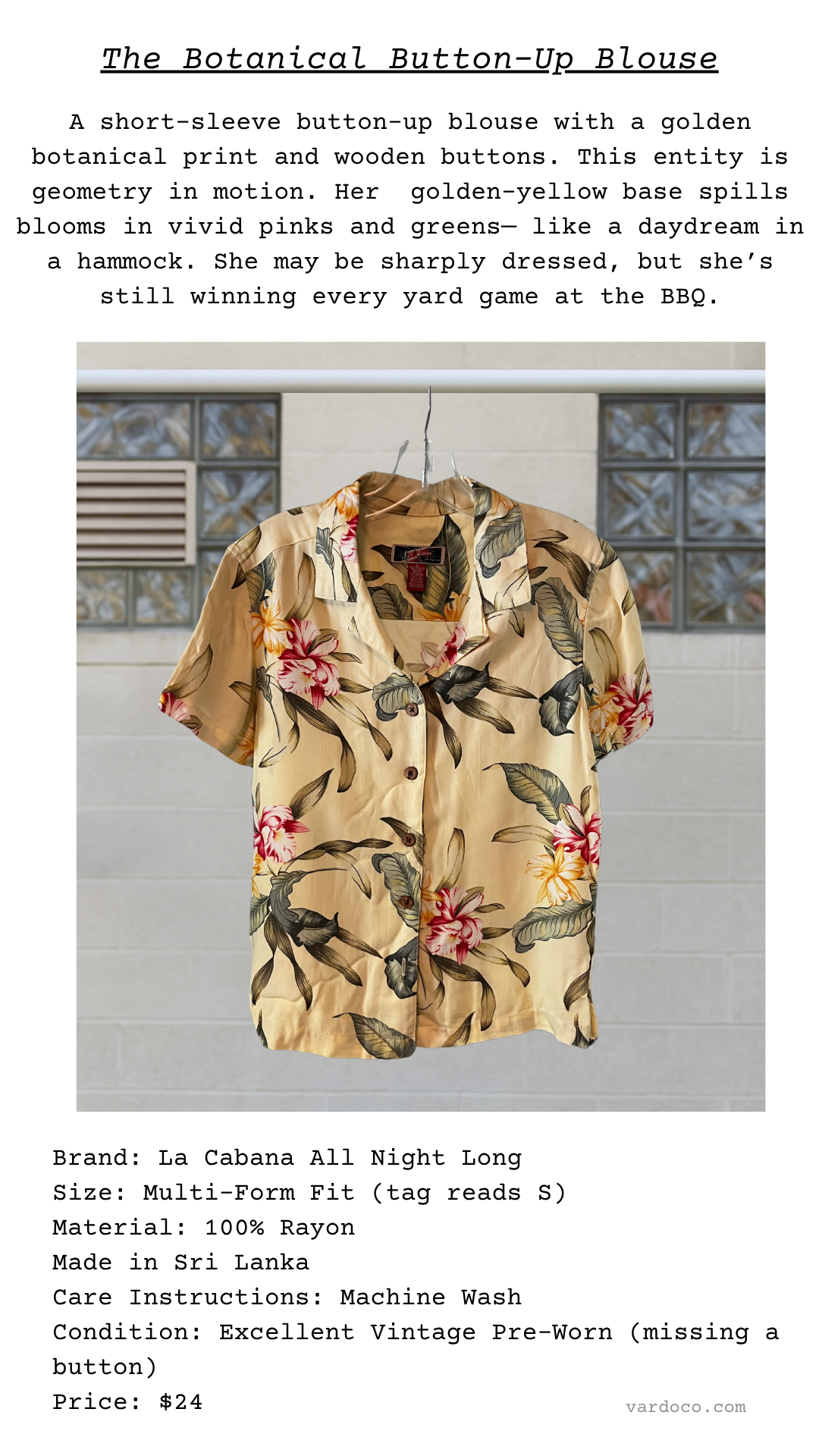 Garment card for a floral button-up blouse titled “The Botanical Button-Up Blouse.” Description highlights the shirt's softness, summery appeal, and missing button.
