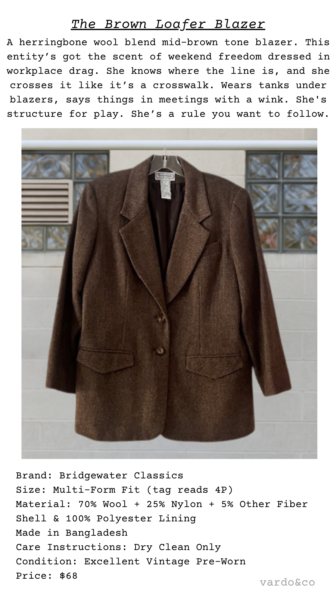 garment card for a brown blazer with brand notes and information