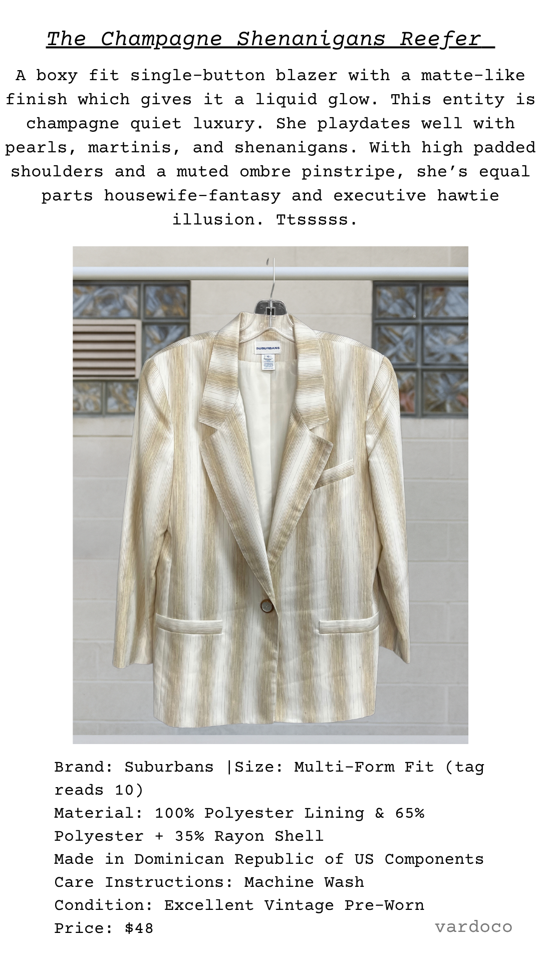 Vintage blazer named The Champagne Shenanigans Reefer with product details, description, and visible front view.
